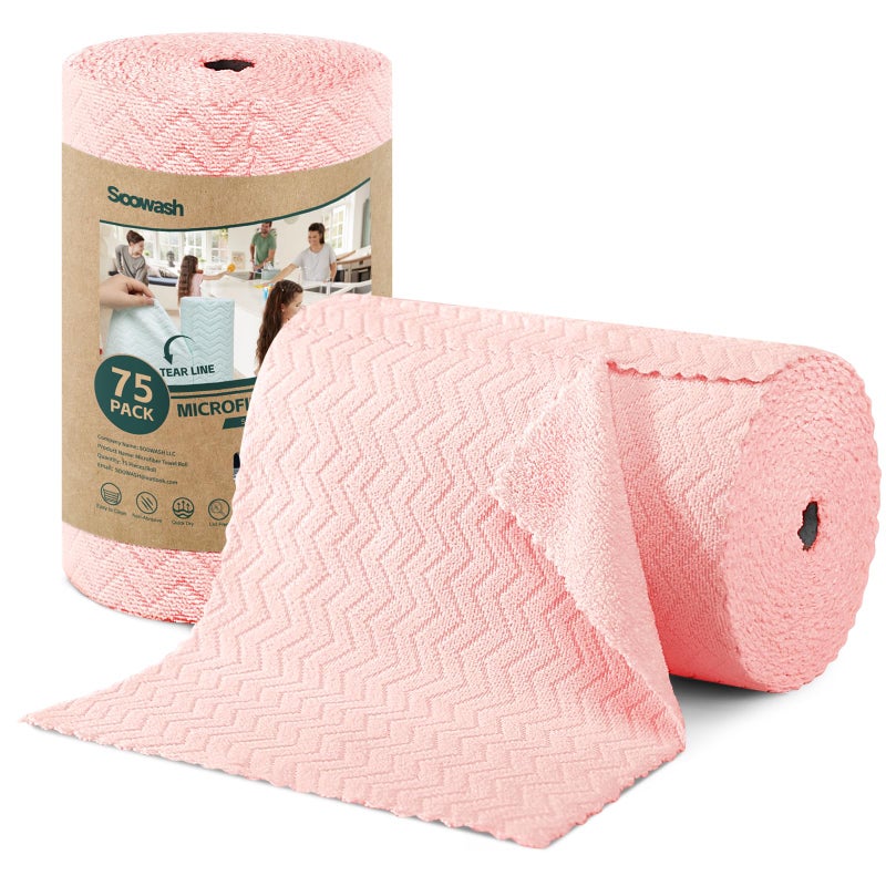 SOOWASH Microfiber Cleaning Cloths Roll 75 Pack Tear Away Microfiber Towels Roll 12 x 12 Lint Free Rags Reusable Cleaning Cloths Washable Scratch FreeUltra Absorbent Dish RagsPink Ripple